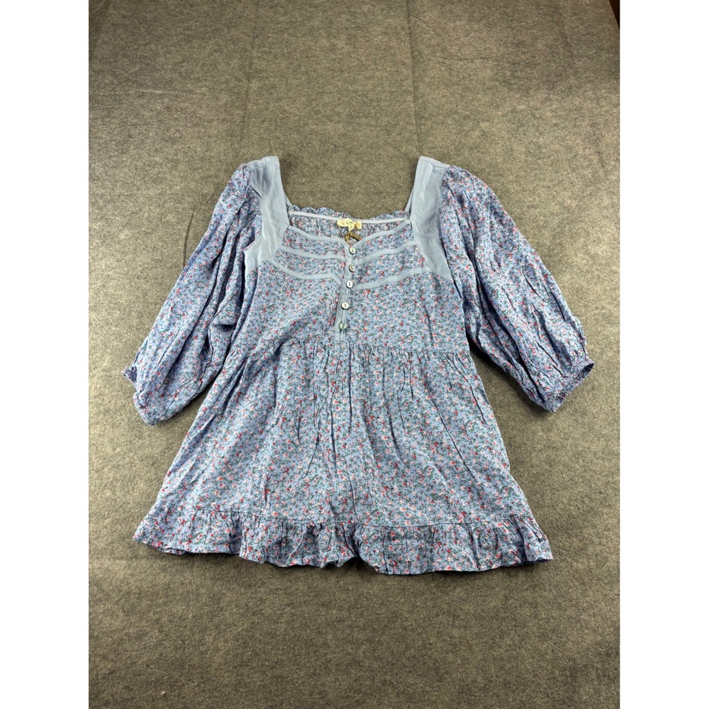 Easel Los Angeles Blue Floral Tunic Top Square Neck Puff Sleeve Women S Boho